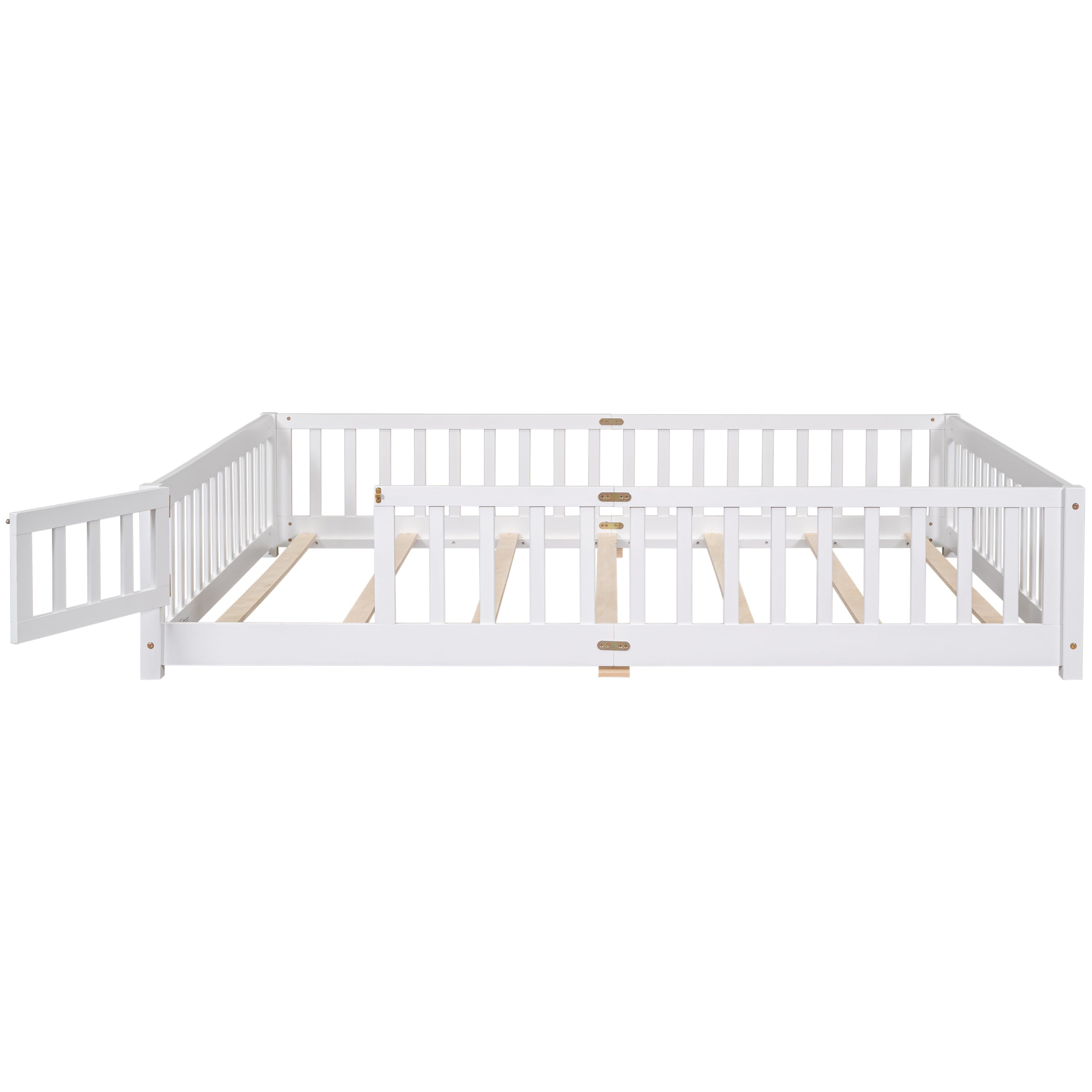 uhomepro Queen Size Wood Floor Bed Frame with Fence and Door for Kids, Toddlers, White
