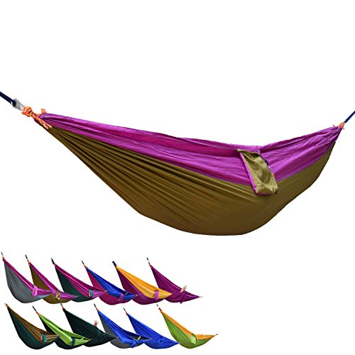 Portable Camping Nylon Fabric Outdoor Travel Parachute Hammock, Purple+Camel Double