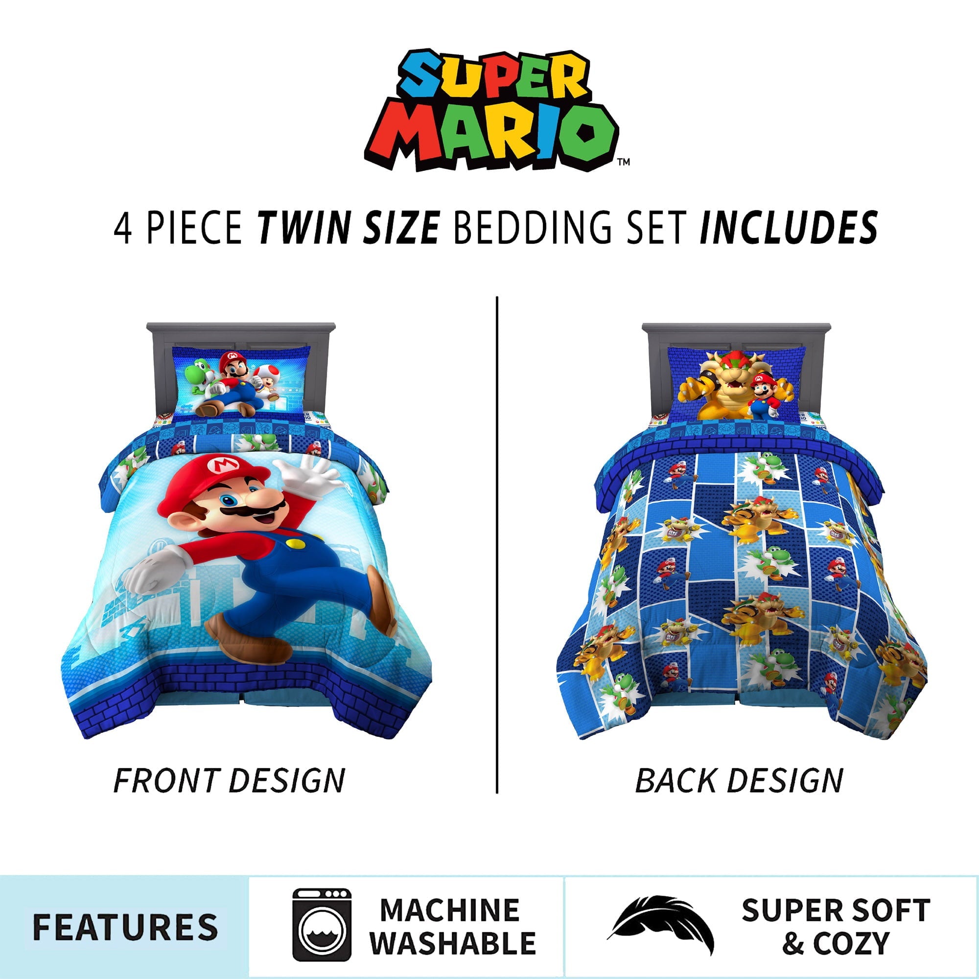 Super Mario Kids Twin Bed in a Bag, Gaming Bedding, Comforter and Sheets, Blue, 