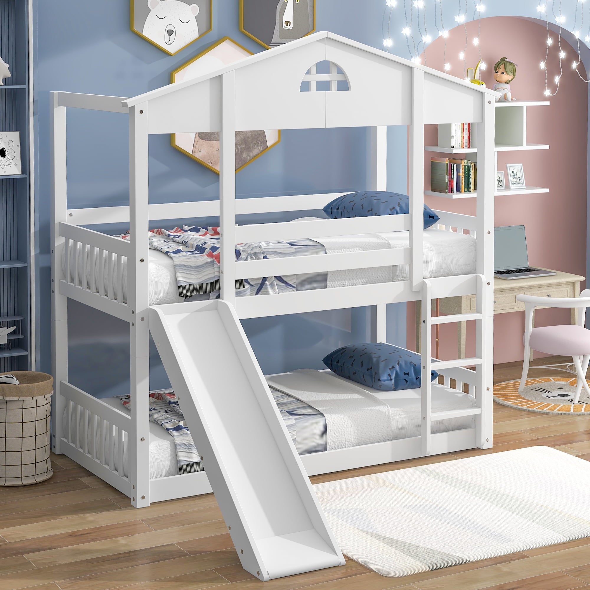 Twin House Bunk Bed with Convertible Slide and Ladder for Kids Room, White