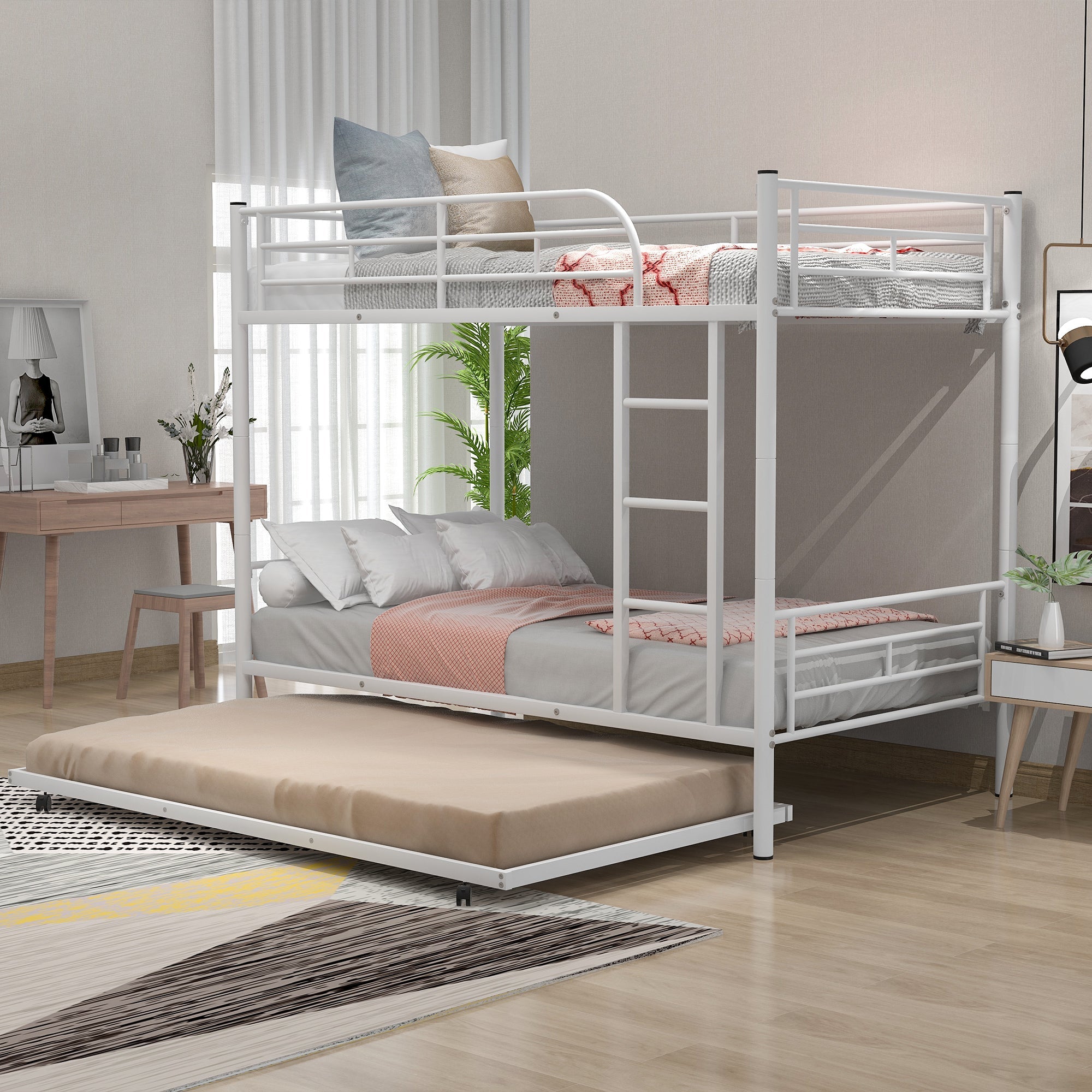 Heavy Duty Bunk Bed Frame, Kids Twin Over Twin Metal Bunk Bed with Flat Ladder & Safety Guardrail, Convertible Trundle Bunk Bed Frame, for Dorm, Bedroom, Guest Room, No Box Spring Needed, White, D8076