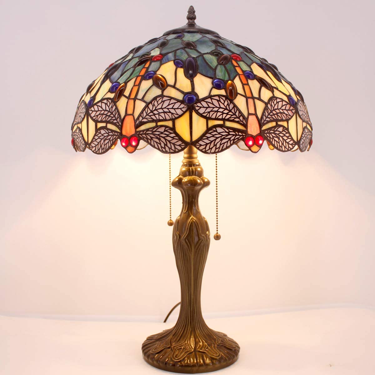 GEDUBIUBOO  Lamp Stained Glass Bedside Table Lamp Navy Blue Yellow Turquoise Dragonfly 16X16X24 Inch Desk Light Metal Base Decor Bedroom Living Room  Office S128 Series