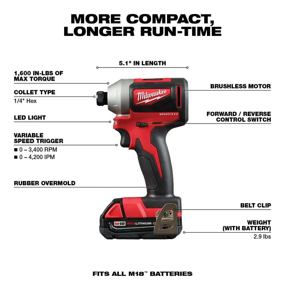 Milwaukee M18 18V Lithium-Ion Brushless Cordless Compact Drill/Impact Combo Kit (2-Tool) W/ (2) 2.0Ah Batteries, Charger & Bag 2892-22CT