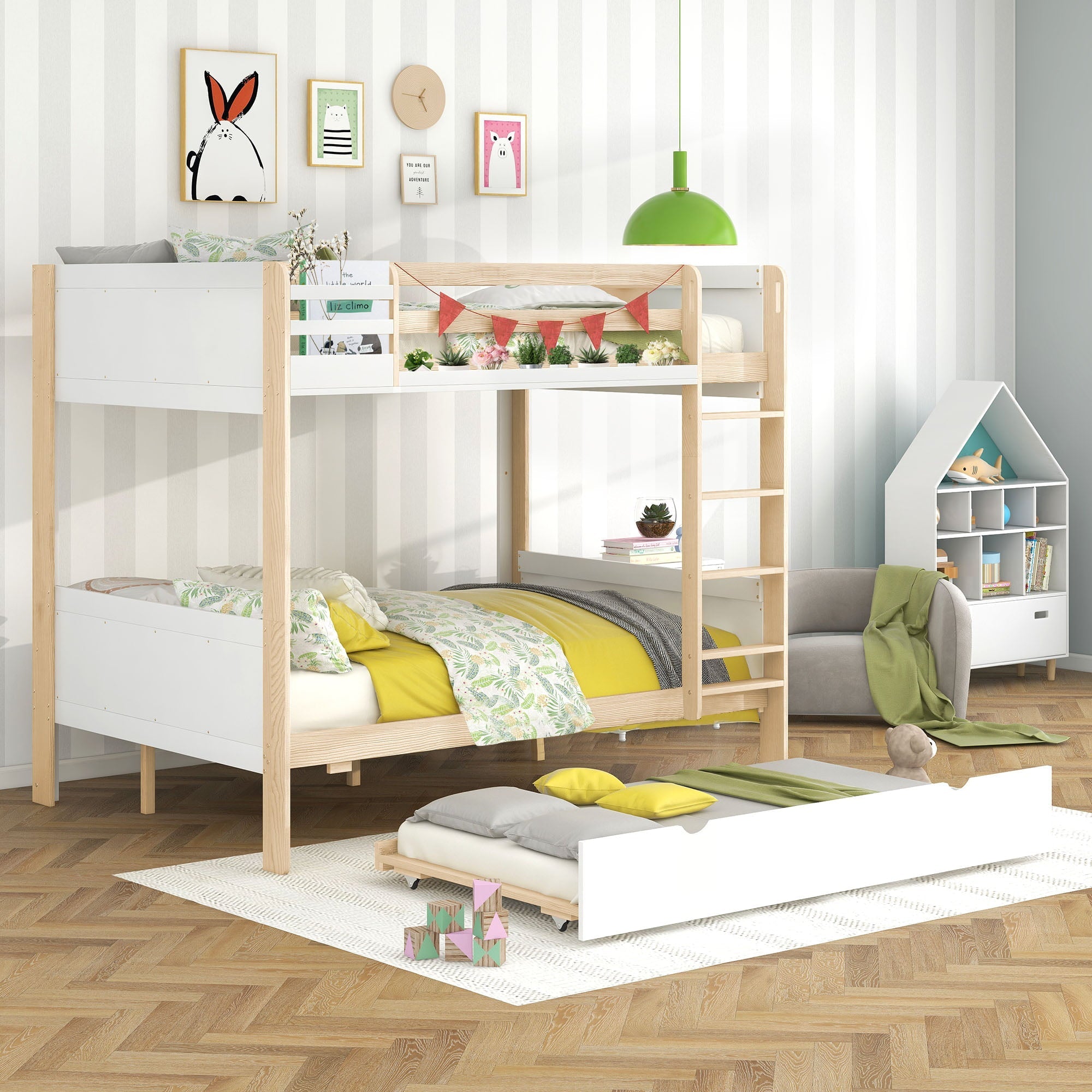 Full over Full Bunk Bed with Trundle and Little Shelf for Kids Bedroom, White