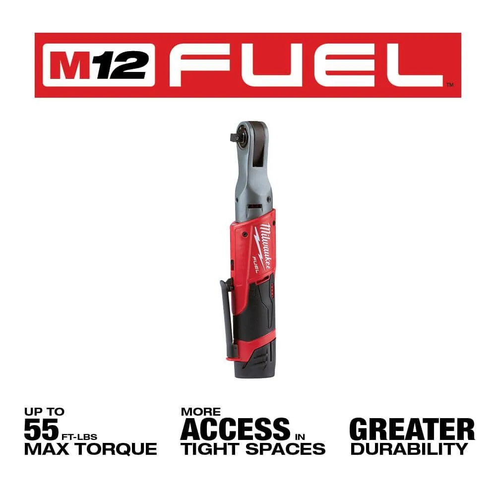 Milwaukee M12 FUEL 12V Lithium-Ion Brushless Cordless 3/8 in. Ratchet Kit with (2) 2.0Ah Batteries, Charger & Tool Bag 2557-22