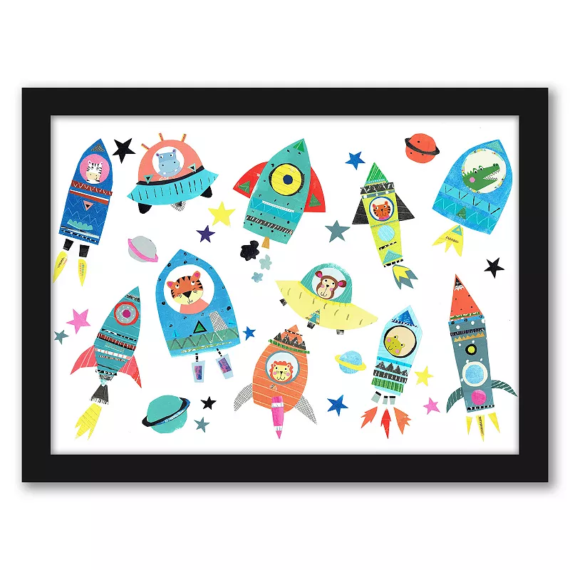 Americanflat Cute Space Ships With Animals Framed Wall Art