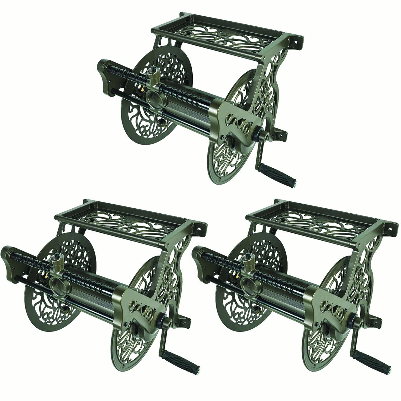 Liberty Garden Wall Mounted Heavy Aluminum Hanging Hose Reel w/ Guide (3 Pack)