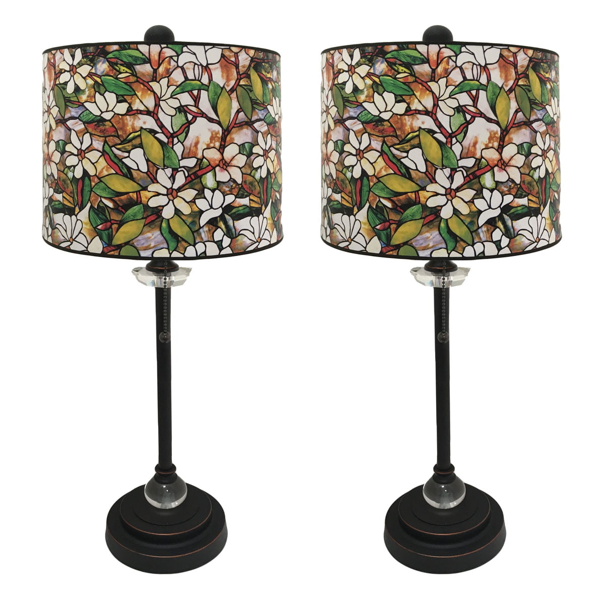 Royal Designs 28" Crystal and Oil Rub Bronze Buffet Lamp with Magnolia Stained Glass Design Hard Back Lamp Shade, Set of 2