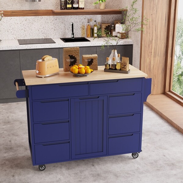 Store Kitchen Cart with Rubber Wood Countertop ， Kitchen Island has 8 Handle-Free Drawers - - 37938476