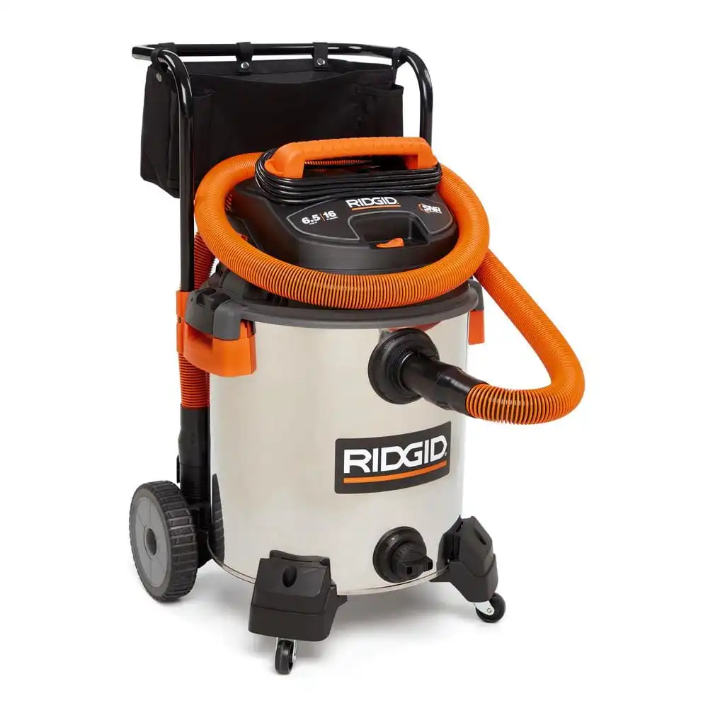 RIDGID 16 Gal. 6.5 Peak HP Stainless Steel Wet/Dry Shop Vac with Fine Dust Filter, 7 ft. Hose, 10 ft. Pro Hose and Accessories WD1956B