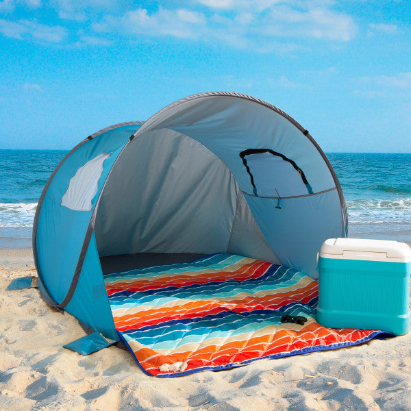 Pop Up Beach Tent with UV Protection and Ventilation Windows – Water and Wind Resistant Sun Shelter for Camping， Fishing， or Play by Wakeman (Blue)