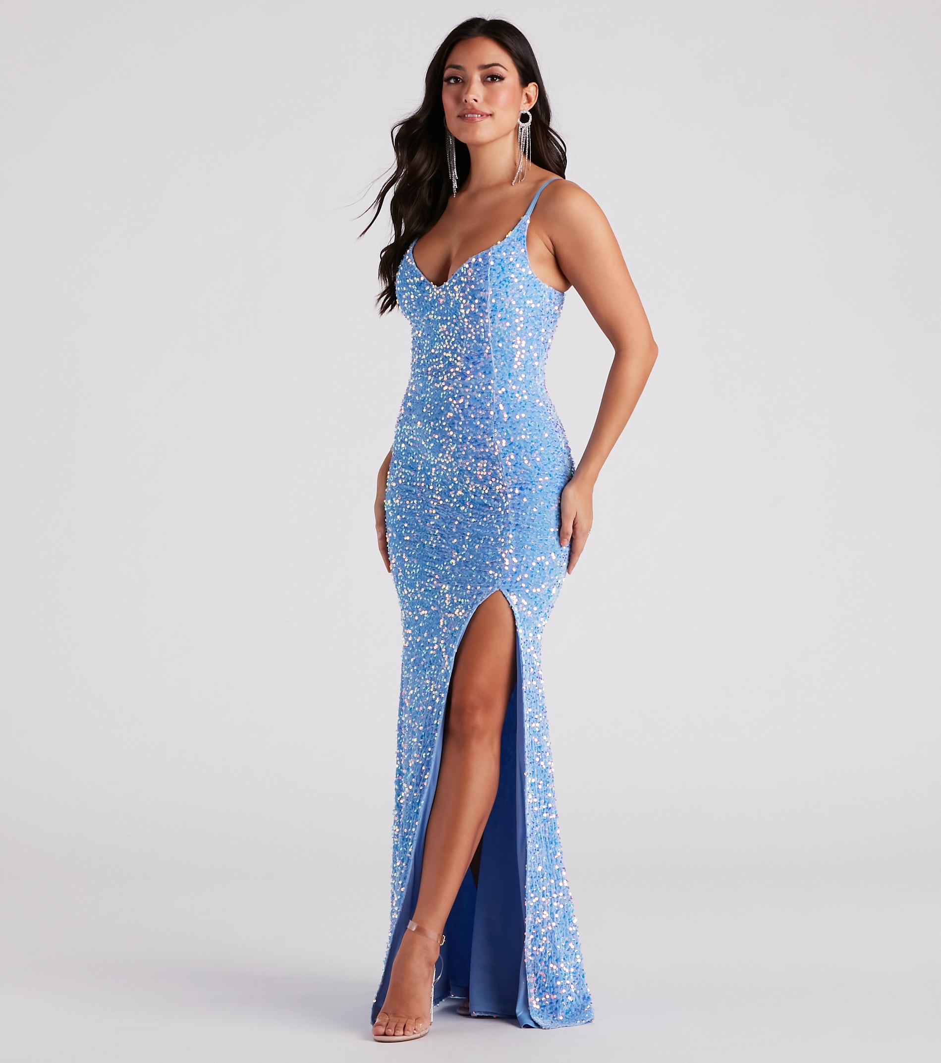 Aubrielle High Slit Velvet Sequin Formal Dress