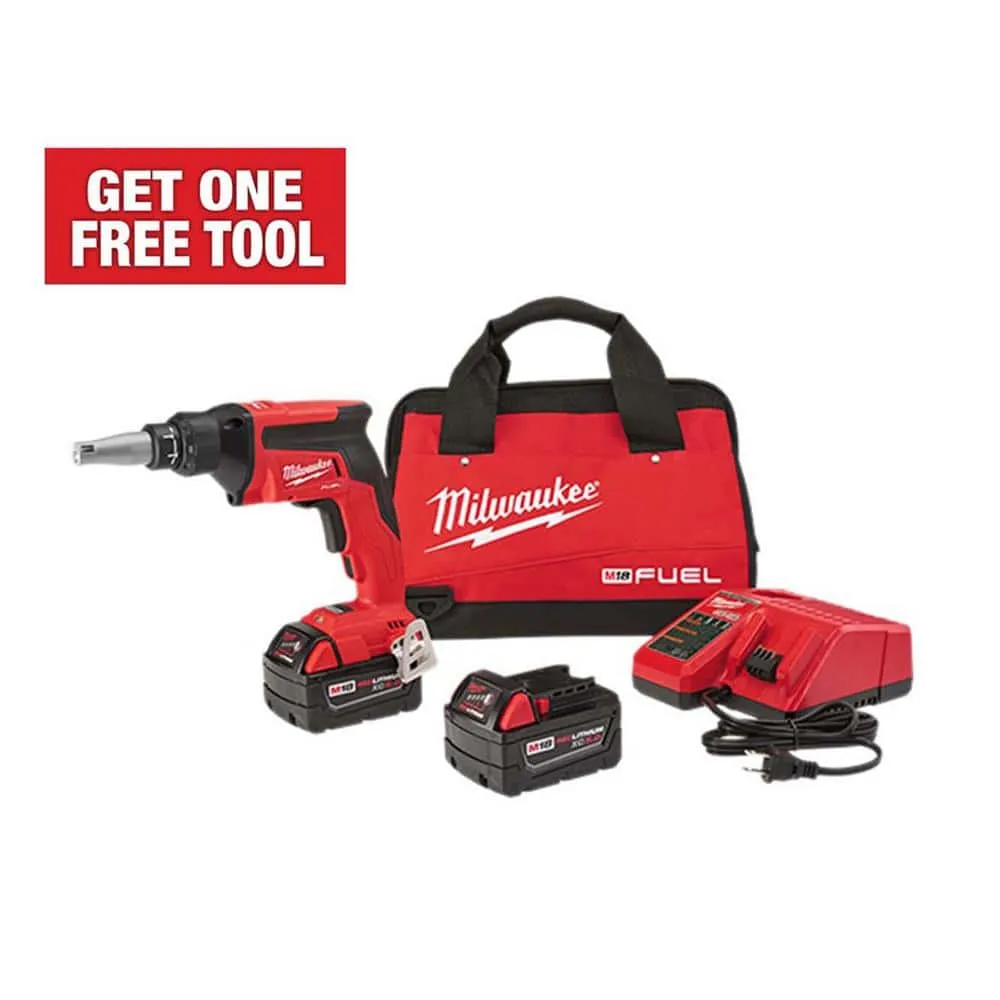 Milwaukee M18 FUEL 18V Lithium-Ion Brushless Cordless Drywall Screw Gun Kit with (2) 5.0Ah Batteries, Charger and Tool Bag 2866-22