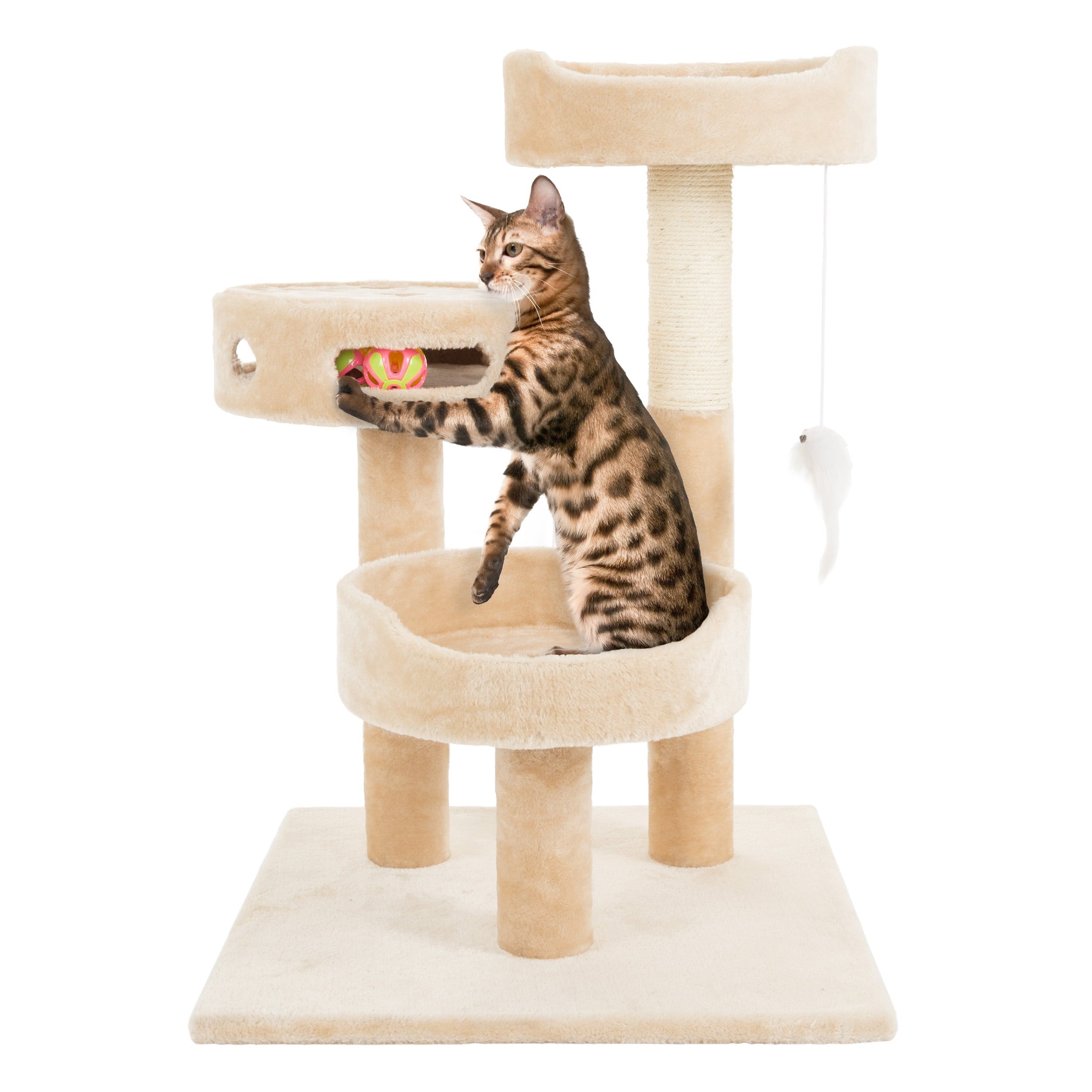 3-Tier Cat Tree - 2 Carpeted Napping Perches， Sisal Rope Scratching Post， Hanging Mouse， and Interactive Cheese Wheel Toy by PETMAKER (Tan)