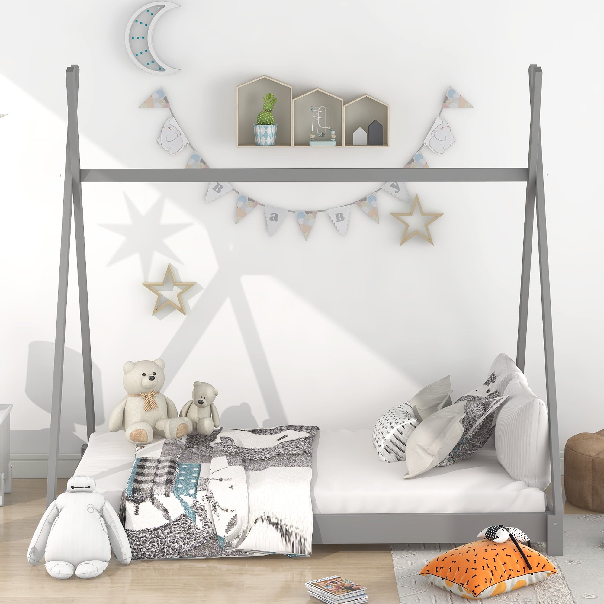 EUROCO Wood x-Shaped Twin Size Bed for Kids, Gray