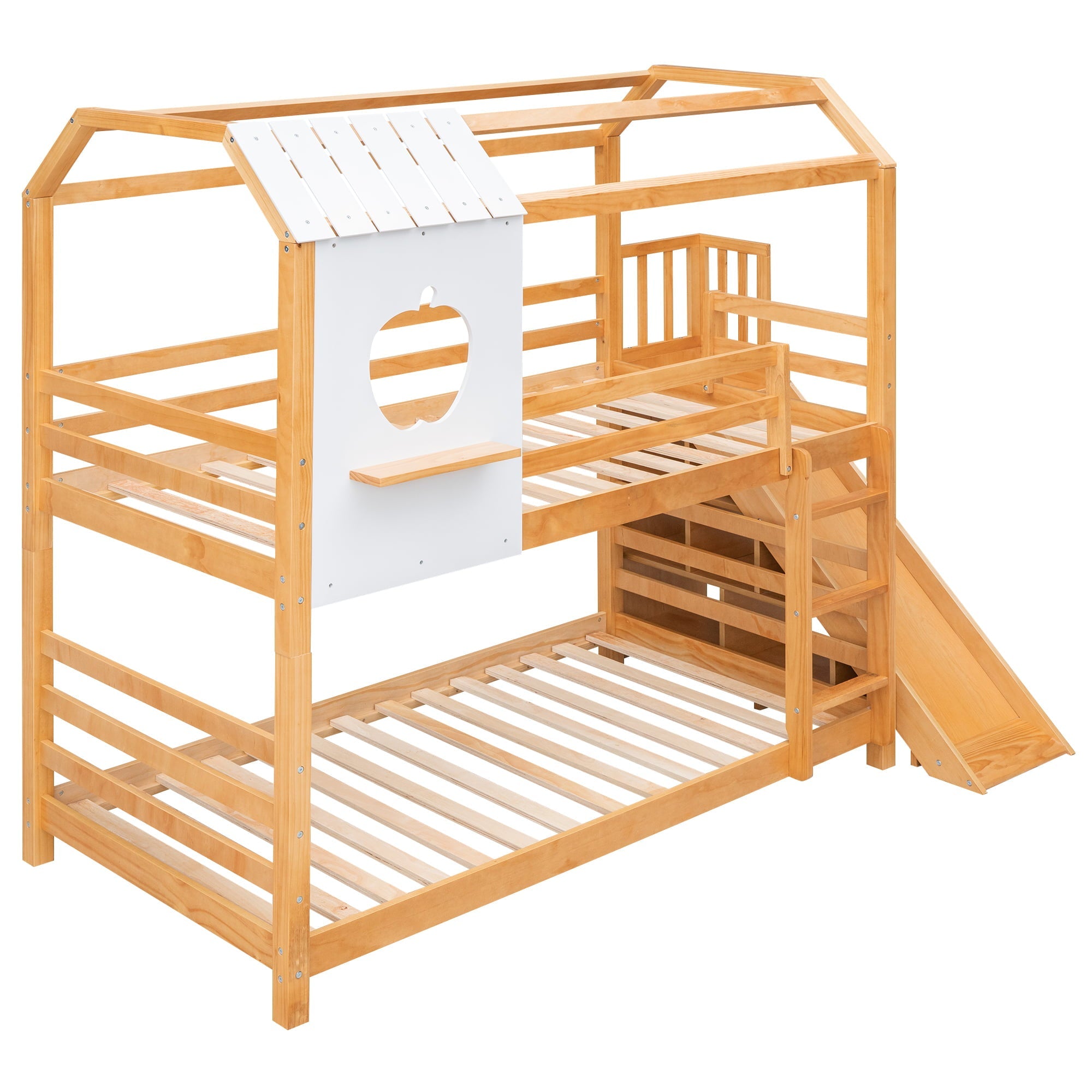 Twin Size House Bunk Bed with Slide and Shelf for Kids Bedroom, Natural