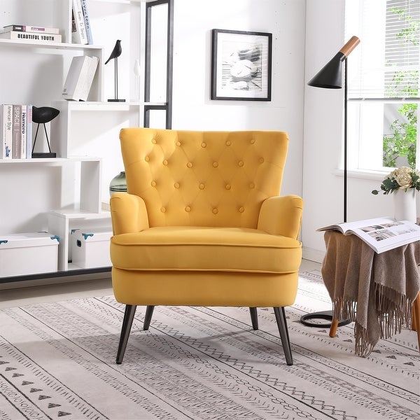 Yellow Button Velvet Tufted Accent Chairs Comfy Bedroom Chair