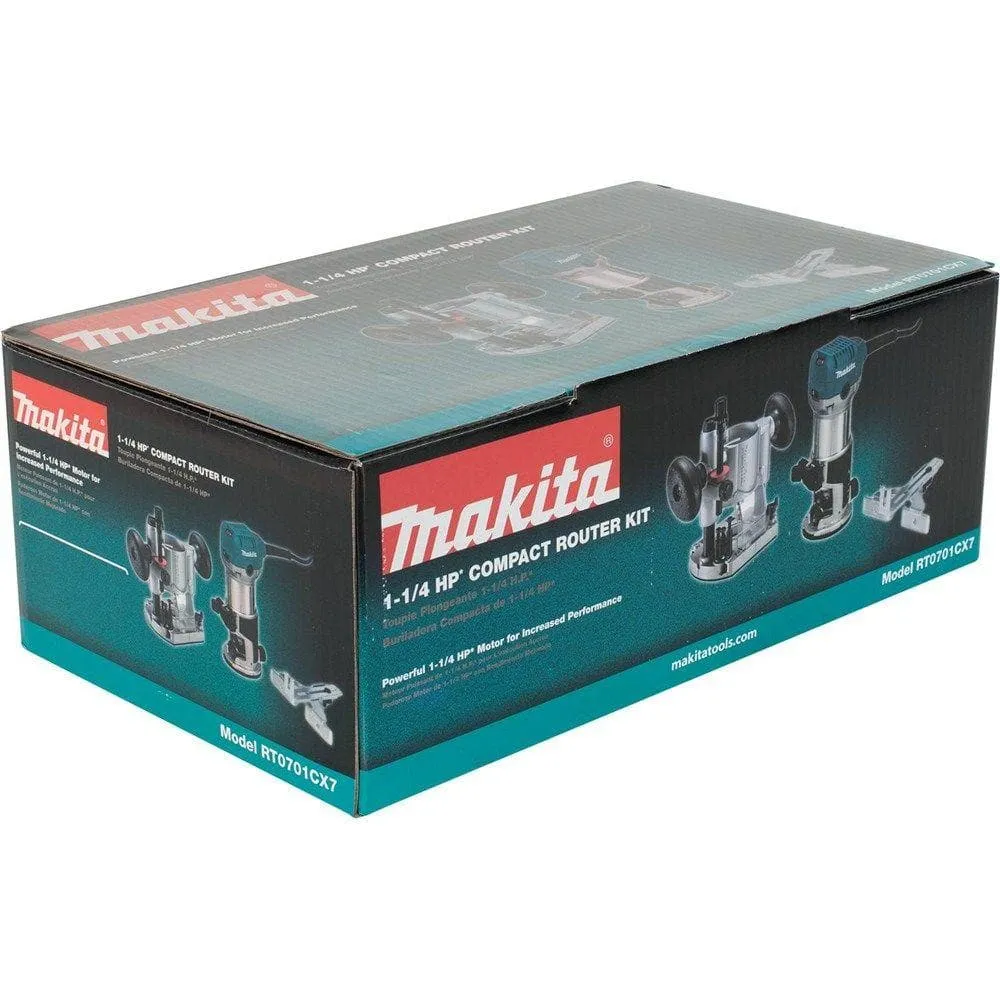 Makita 6.5 Amp 1-1/4 HP Corded Plunge Base Variable Speed Compact Router Kit With Collet, Base, Straight Guide, (2) Wrenches RT0701CX7