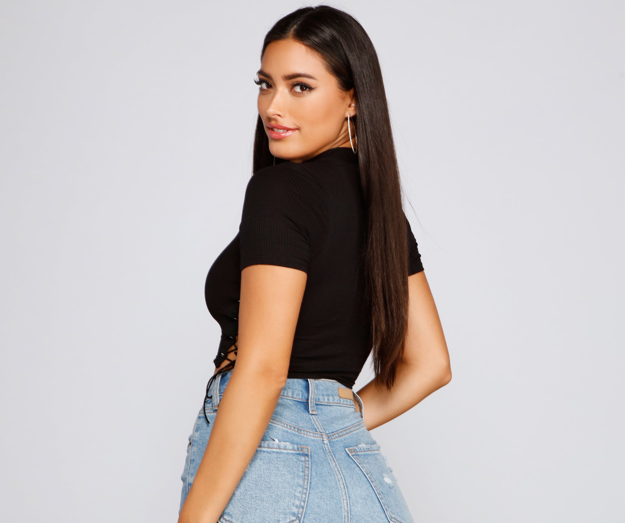 Back To Basics Lace Up Ribbed Knit Top