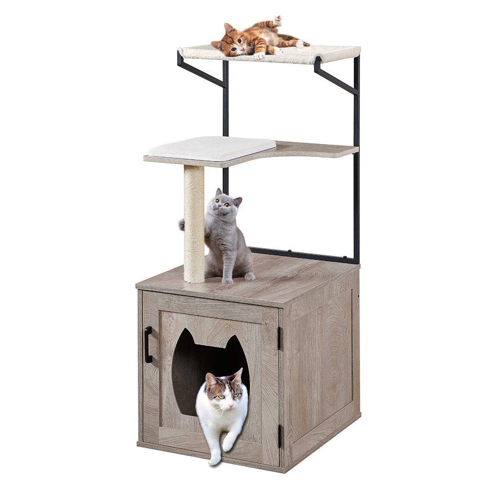 Unipaws Cat Litter Box Furniture with Cat Tree Tower， Wooden Litter Box Enclosure with Soft Perch， Gray