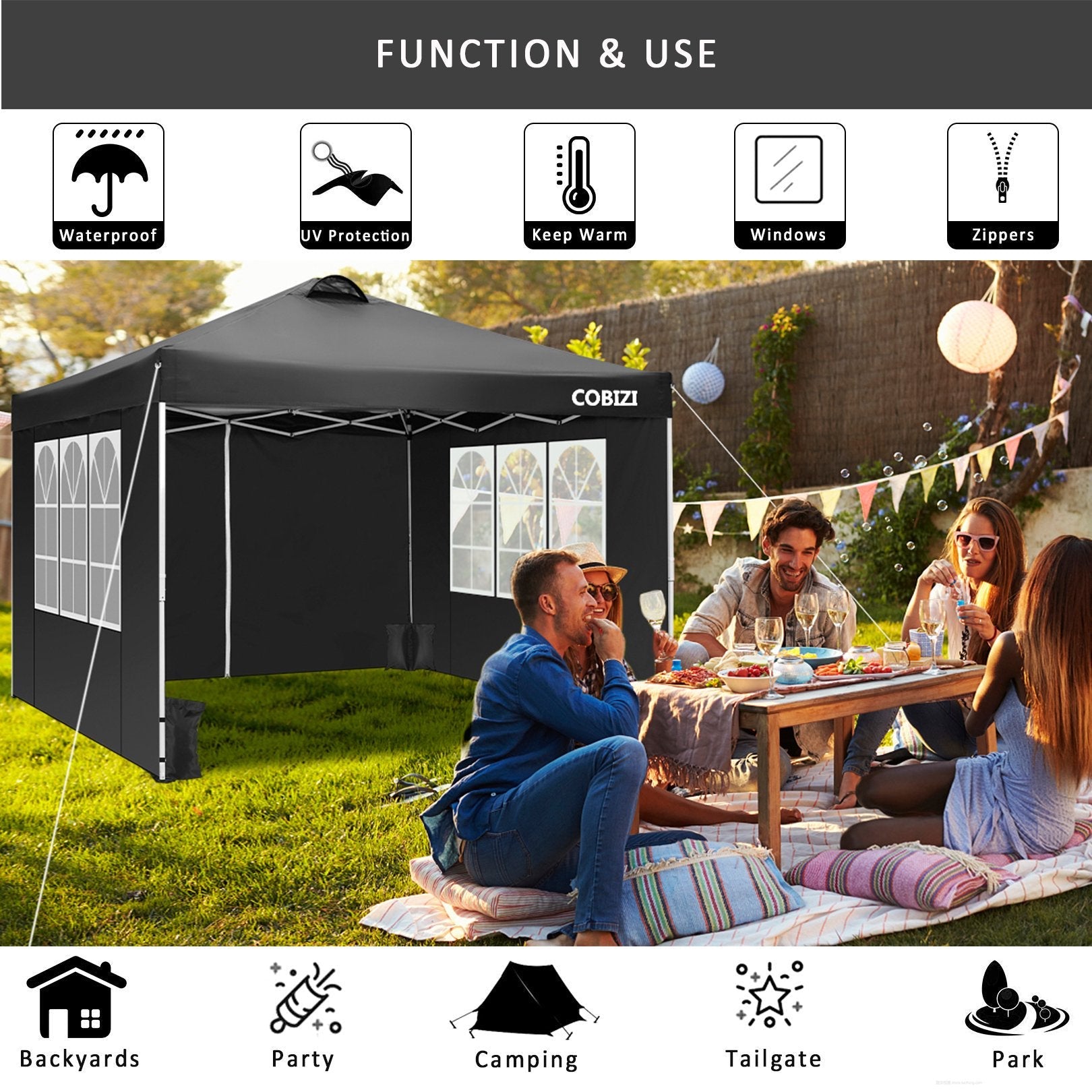 10' x 10' Straight Leg Pop-up Canopy Tent Easy One Person Setup Instant Outdoor Canopy Folding Shelter with 4 Removable Sidewalls, Air Vent on The Top, 4 Sandbags, Carrying Bag, Black