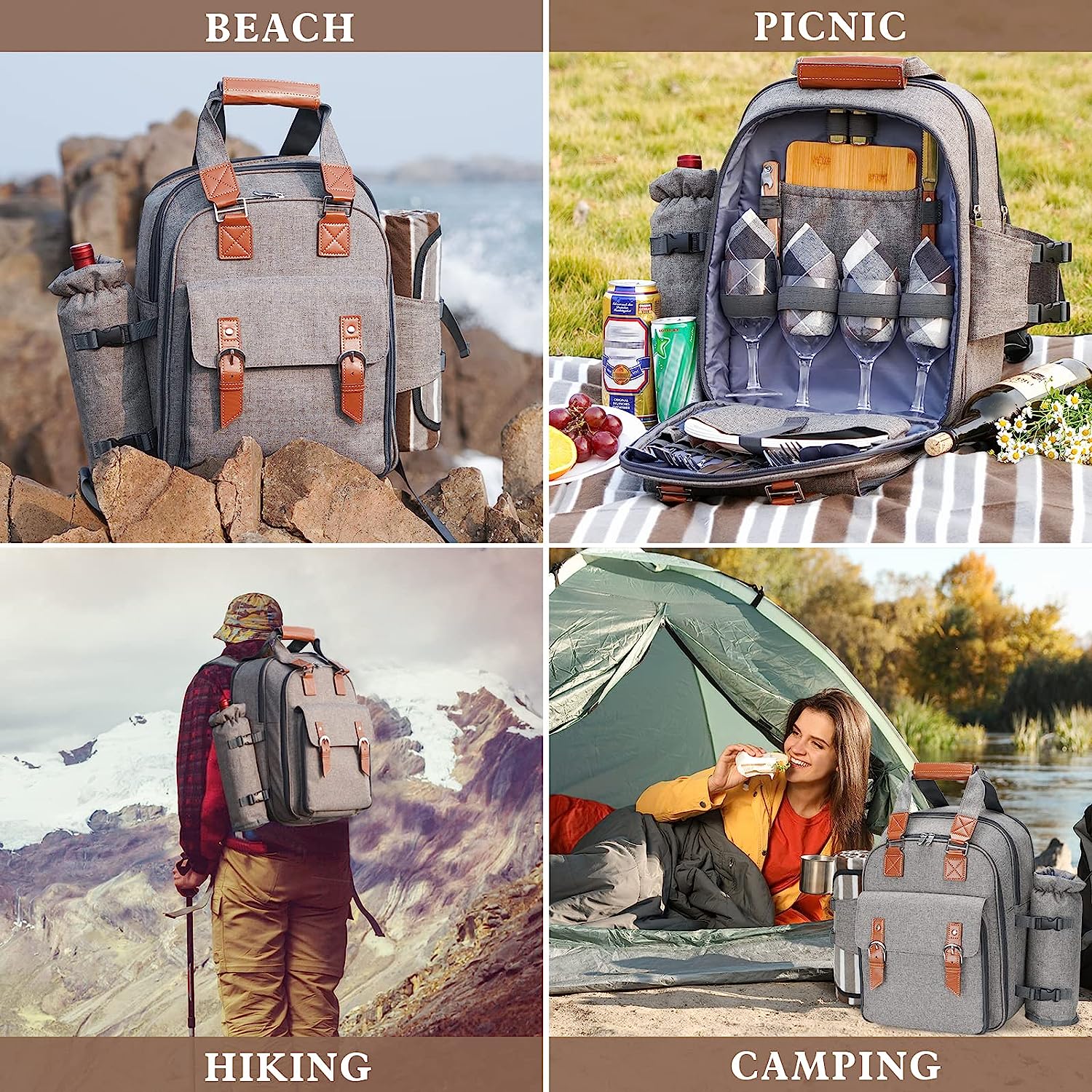Picnic Backpack for 4 Person with Blanket， Picnic Bag Set with Cooler Compartment， Insulated Waterproof Pouch， Detachable Bottle/Wine Holder for Family Outdoor Camping， Beach， Day Travel， Hiking， BBQs