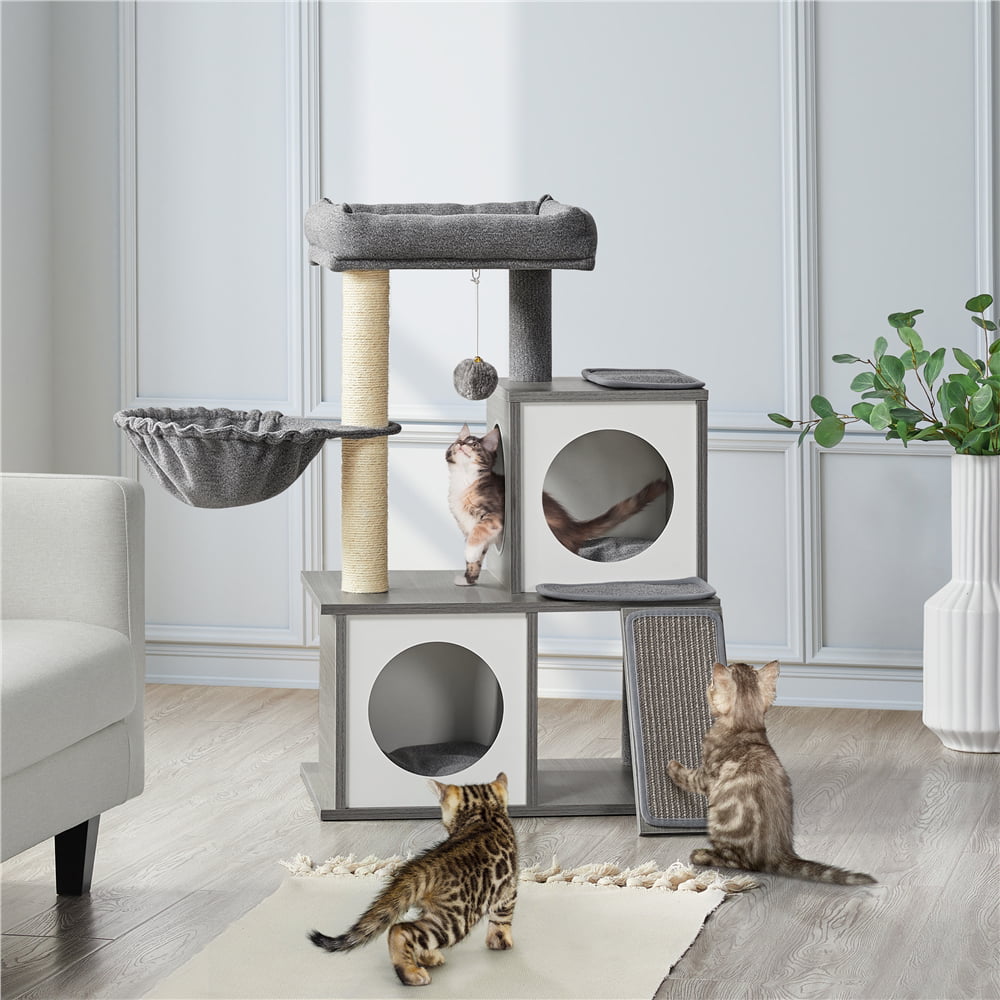 SMILE MART Multilevel Cat Tree Wooden Activity Tower with Two Condos Perch Scratching Posts Basket， Light Gray