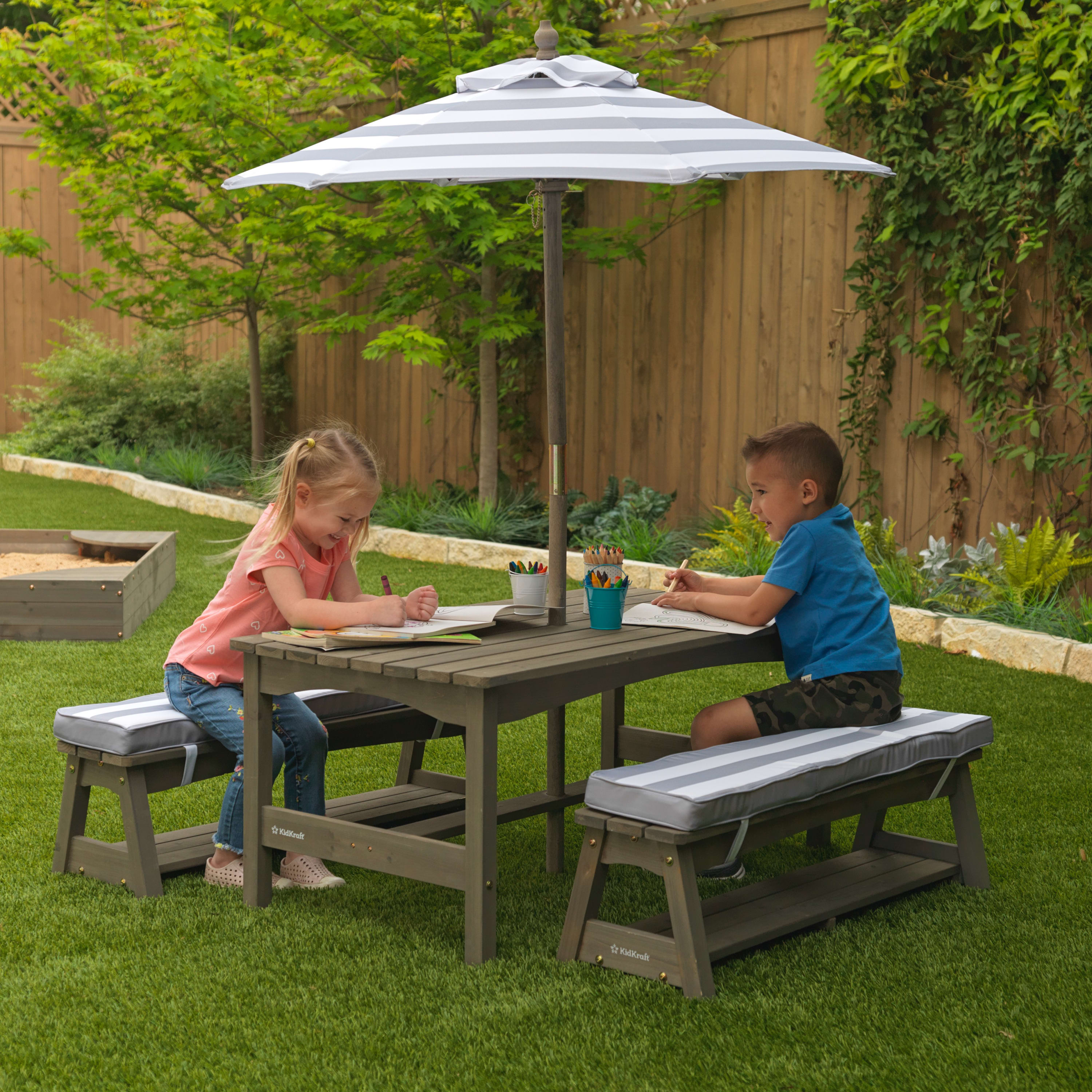 KidKraft Outdoor Table & Bench Set with Cushions and Umbrella, Gray and White Stripes