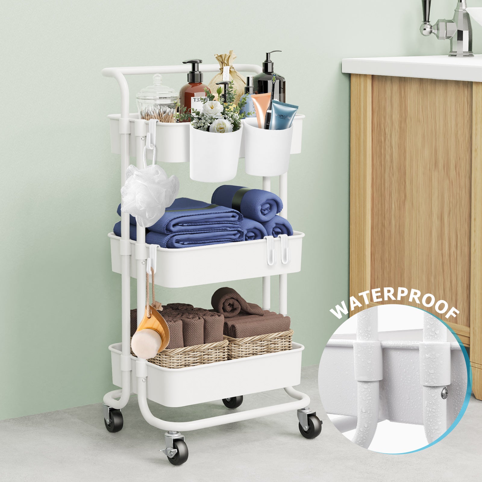 3-Tier Utility Rolling Cart，Mobile Utility Cart with Lockable Caster Wheels，Storage Shelves Organizer Cart， 4 Hanging Baskets， Easy Assembly，for Bathroom， Kitchen， Office， Workshop，White
