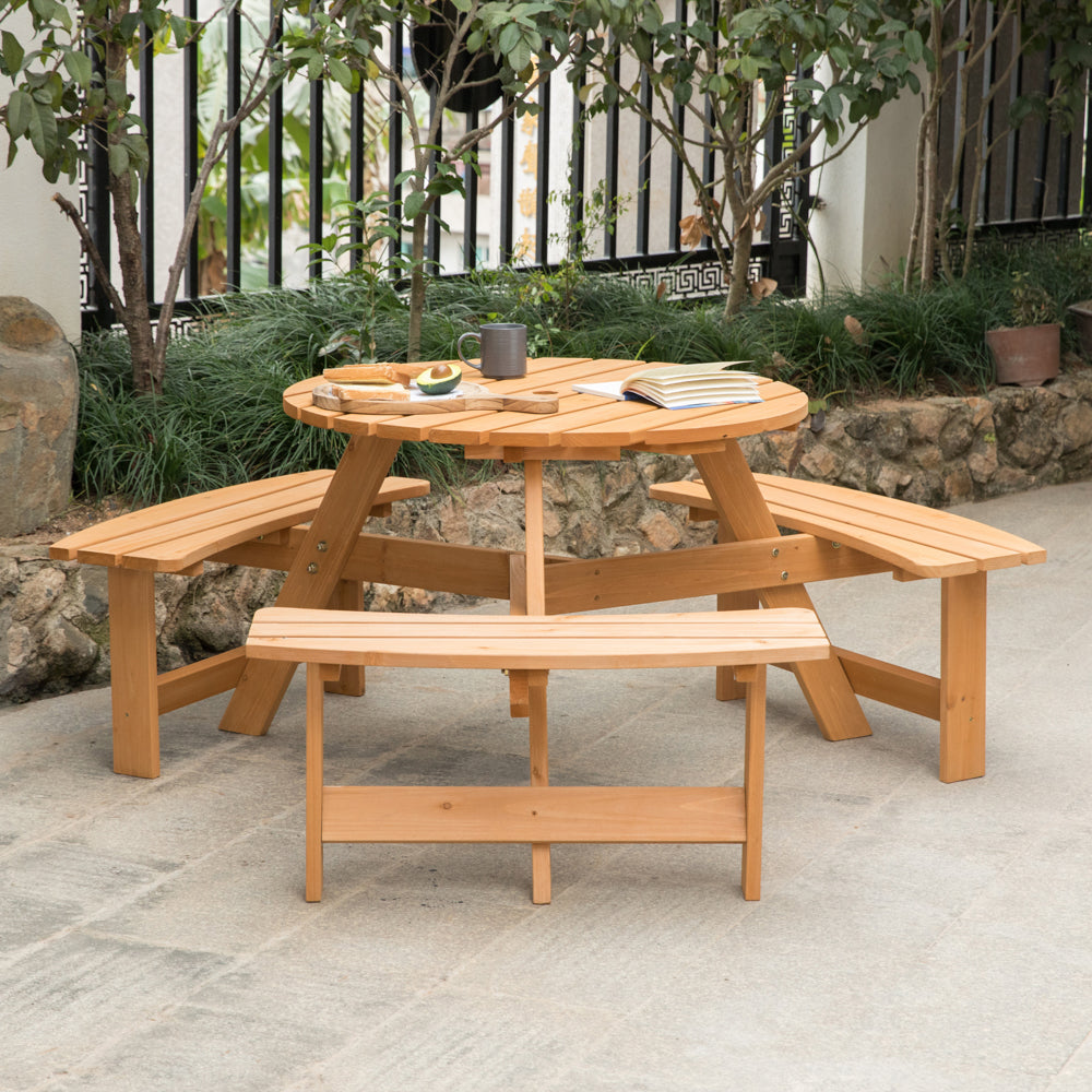 Wooden Outdoor Round Picnic Table with Bench for Patio, 6- Person with Umbrella Hole