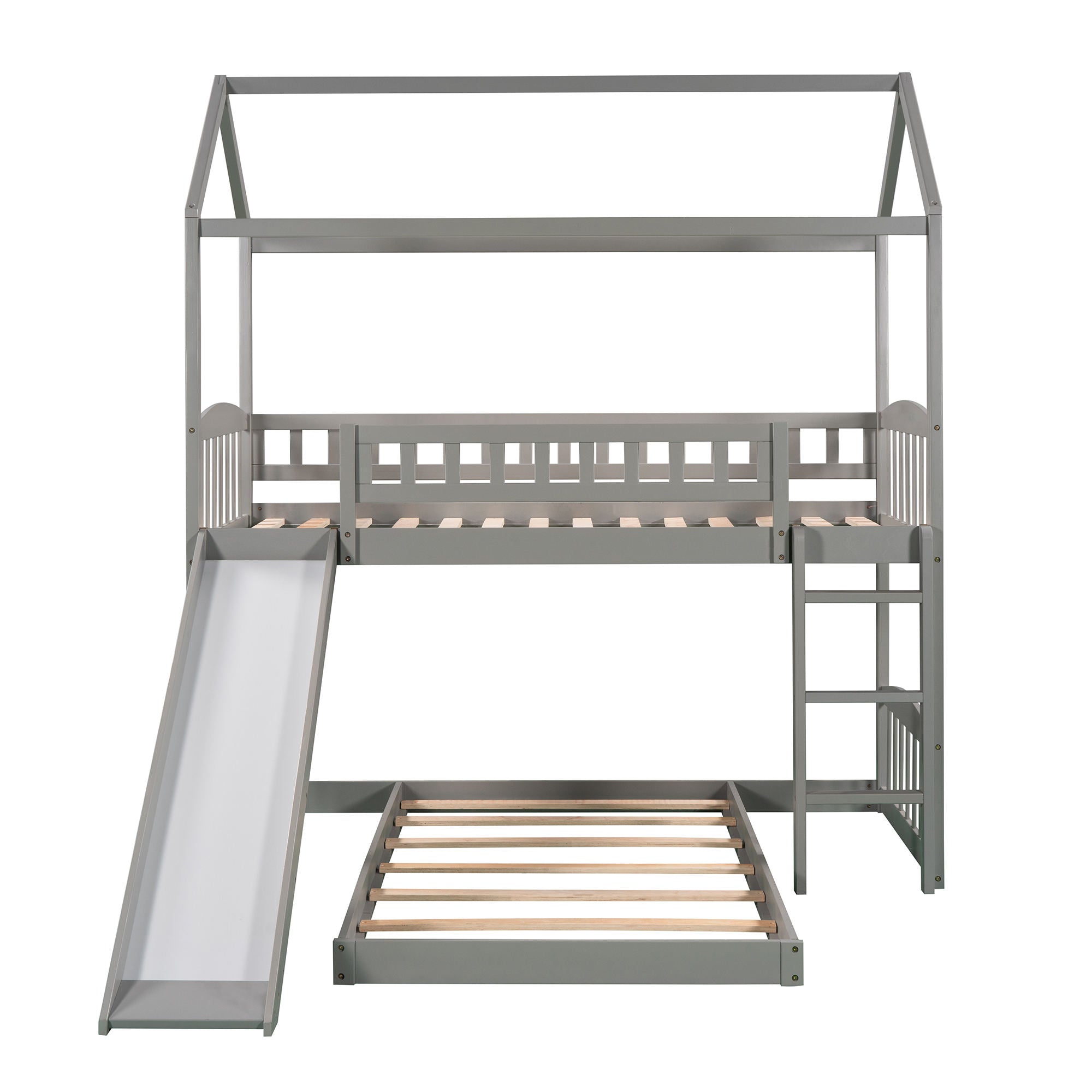 Bellemave House Bunk Bed with Slide, Wood Twin Over Twin L-Shape Bunk Bed Frame with Ladder for Kids Teens (Grey)