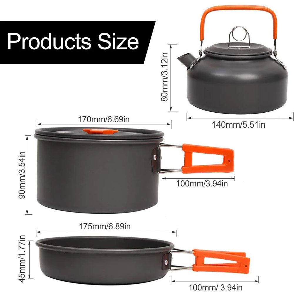Camping Cookware Set,9Pcs 1-2 Person Campfire Kettle Outdoor Cooking Mess Kit Pots Pan for Backpacking Hiking Picnic Fishing with Spork Knife Spoon,Gray
