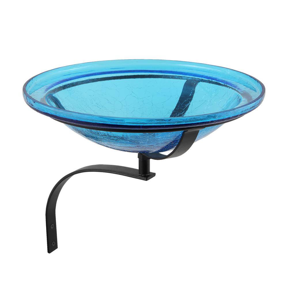 ACHLA DESIGNS 12.5 in. Dia Teal Blue Reflective Crackle Glass Birdbath Bowl with Wall Mount Bracket CGB-07T-WM