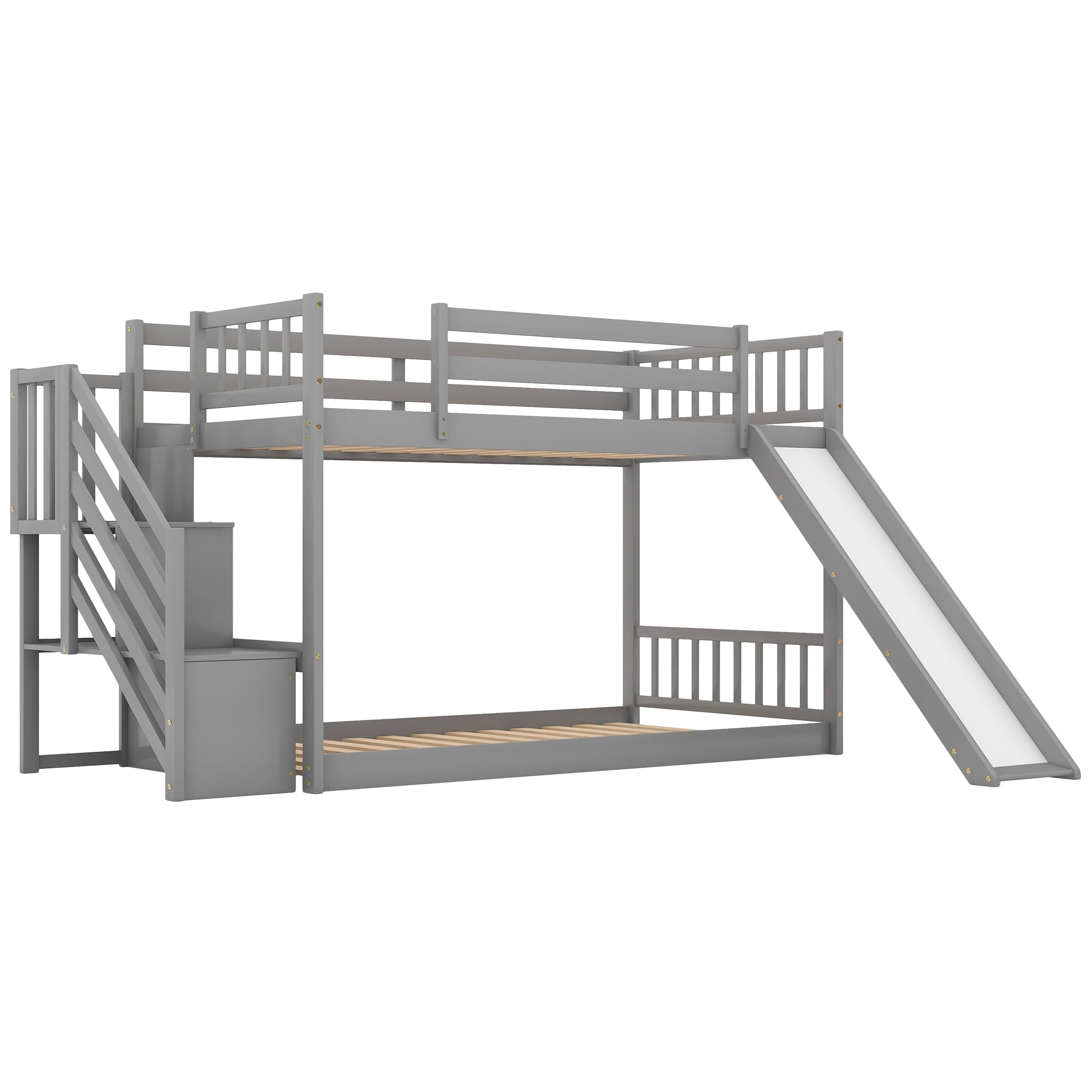 Euroco Twin Over Twin Bunk Bed with Slide and Stairway for Kids, Gray