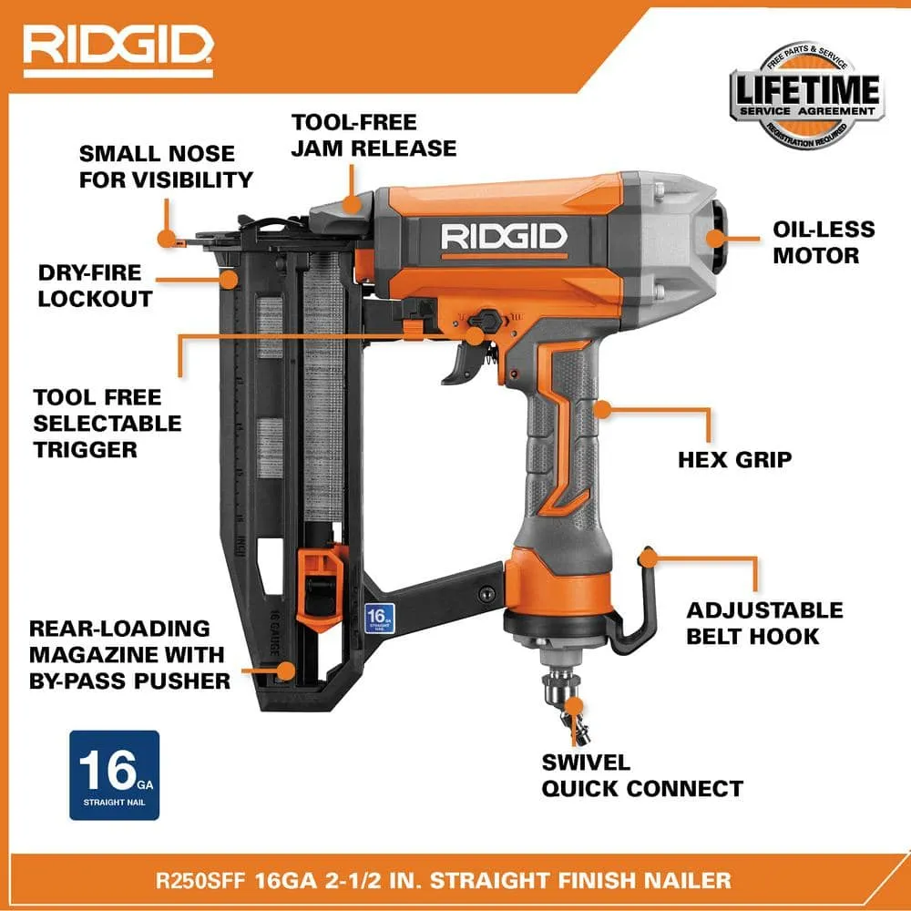 RIDGID Pneumatic 16-Gauge 2-1/2 in. Straight Finish Nailer with CLEAN DRIVE Technology R250SFF