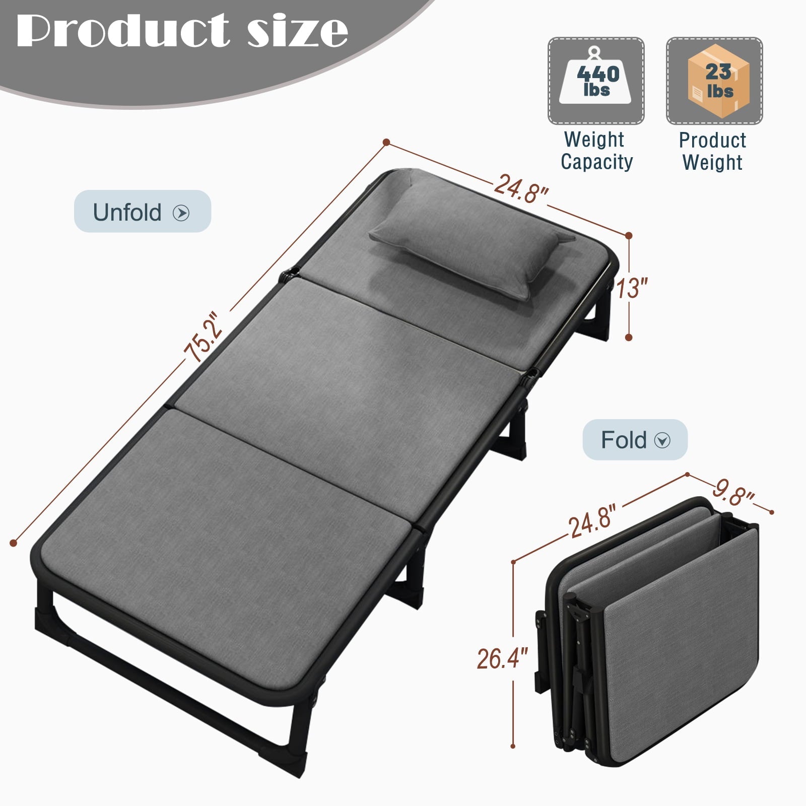 MOPHOTO Folding Bed Cot with Mattress, Portable Beds Frame with Mattress, Portable Fold Up Bed for Outdoor Travel, Foldable Bed with Frame, Sleeping Bed Cot for Adults, Gray