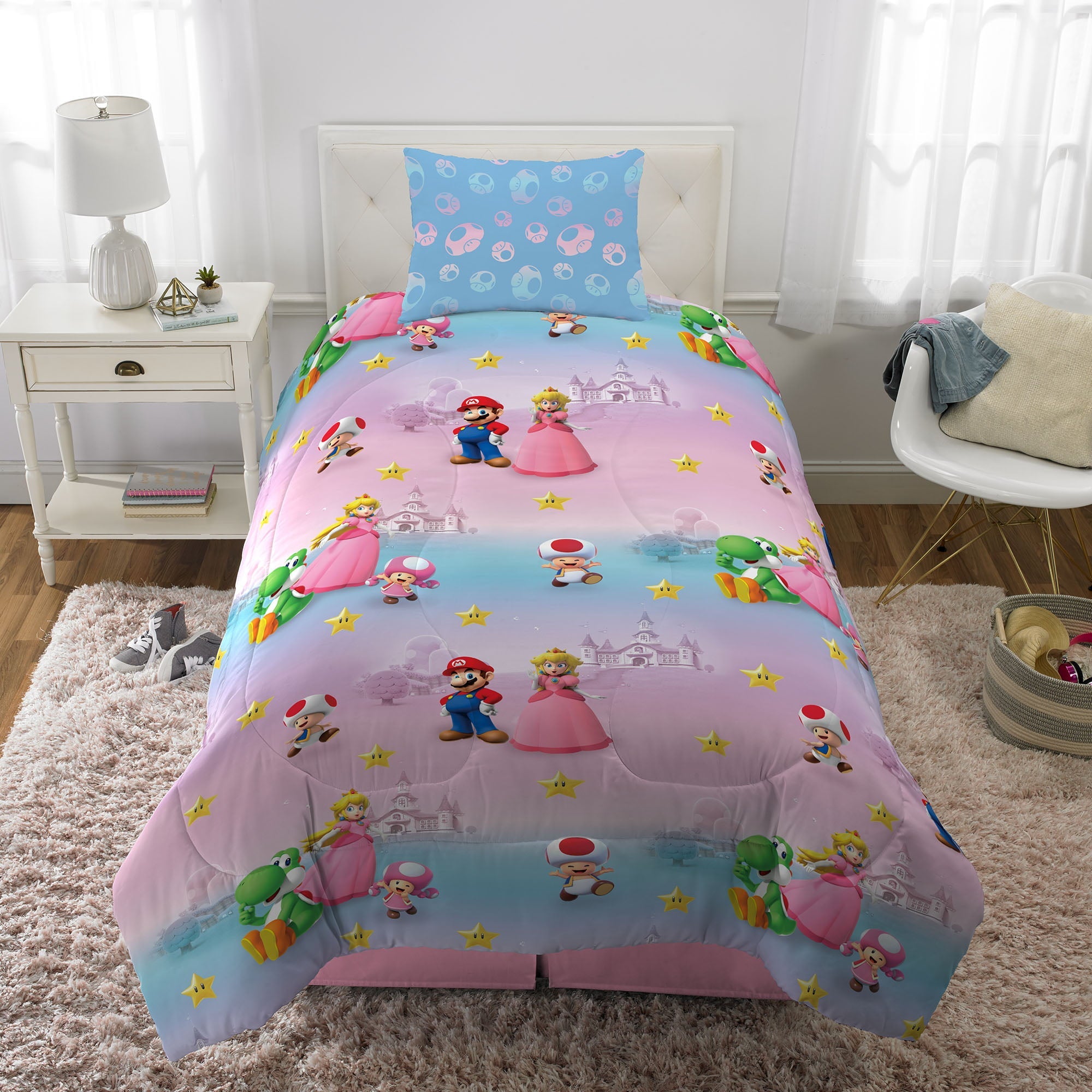 Super Mario Girl Kids Twin Bed in a Bag, Gaming Bedding, Comforter and Sheets, Pink, 