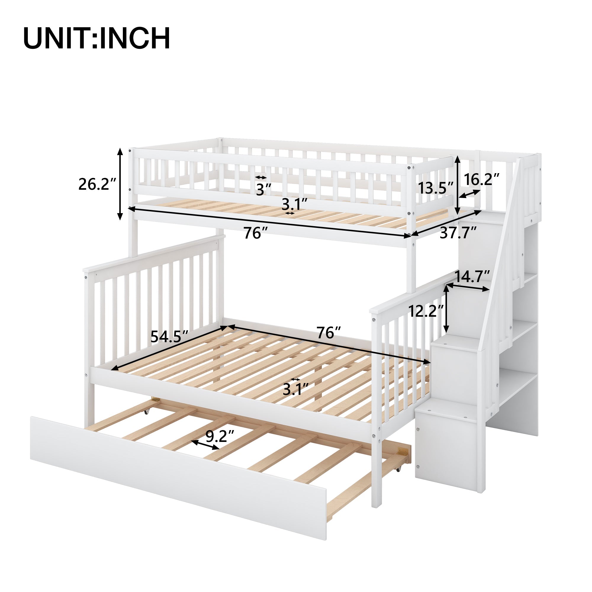 Euroco Twin Over Full Bunk Bed with Trundle and Stairs for Kids, White