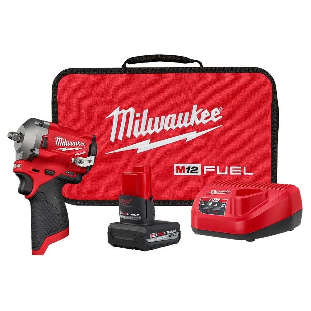 Milwaukee M12 FUEL 12-Volt Lithium-Ion Brushless Cordless Stubby 3/8 in. Impact Wrench Kit with (1) High Output 5.0 Ah Battery 2554-21HO