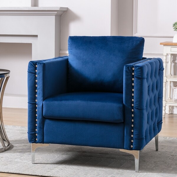Modern Velvet Armchair Tufted Button Accent Chair Club Chair with Steel Legs