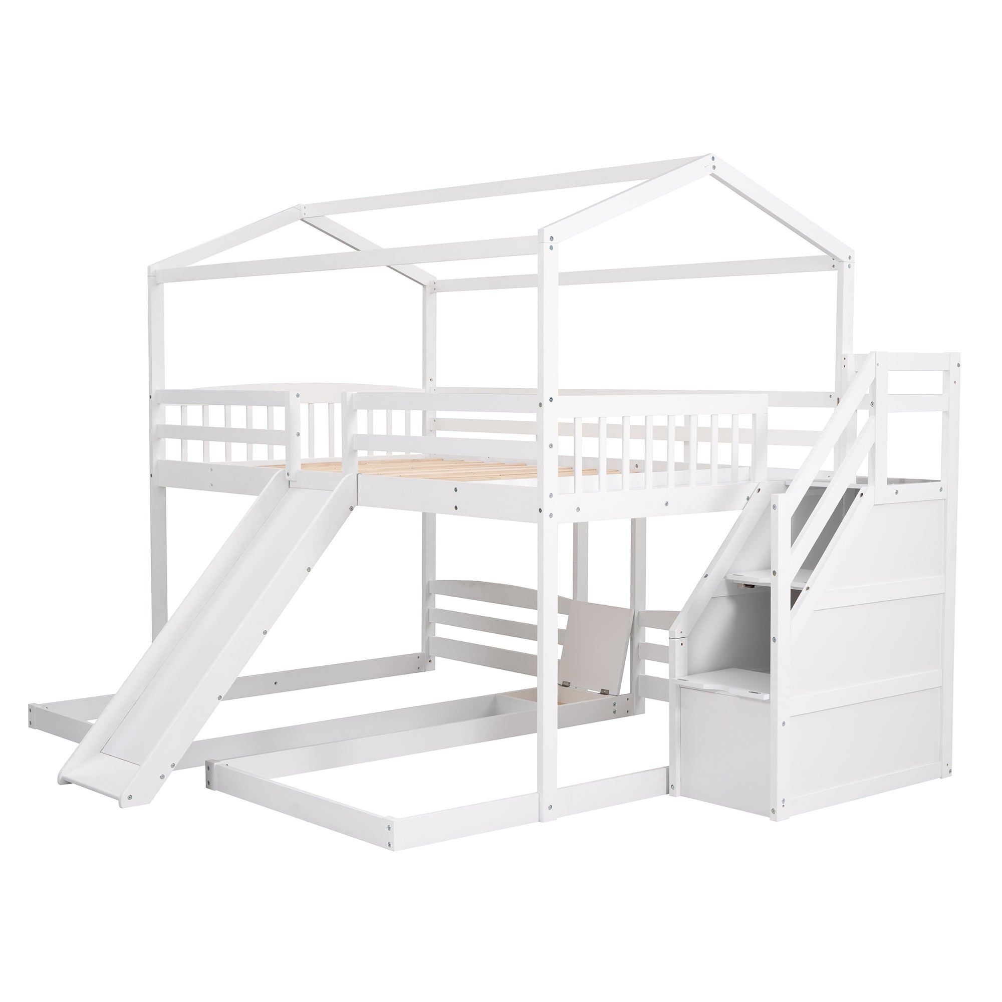EUROCO Full over Twin & Twin Bunk Bed with Slide and Shelf for Kids, White