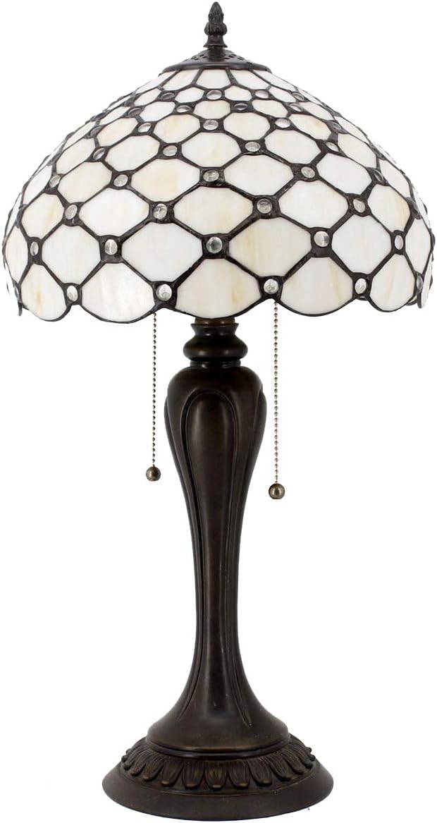 GEDUBIUBOO  Lamp Stained Glass Table Lamp Cream Pearl Bead Style Desk Reading Light 12X12X22 Inches Decor Bedroom Living Room  Office S005 Series
