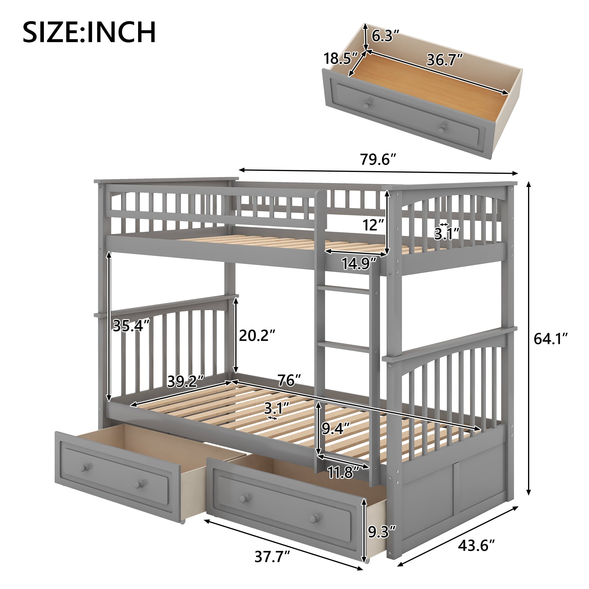 Euroco Pine Wood Bunk Bed With Storage, Twin-Over-Twin, Gray