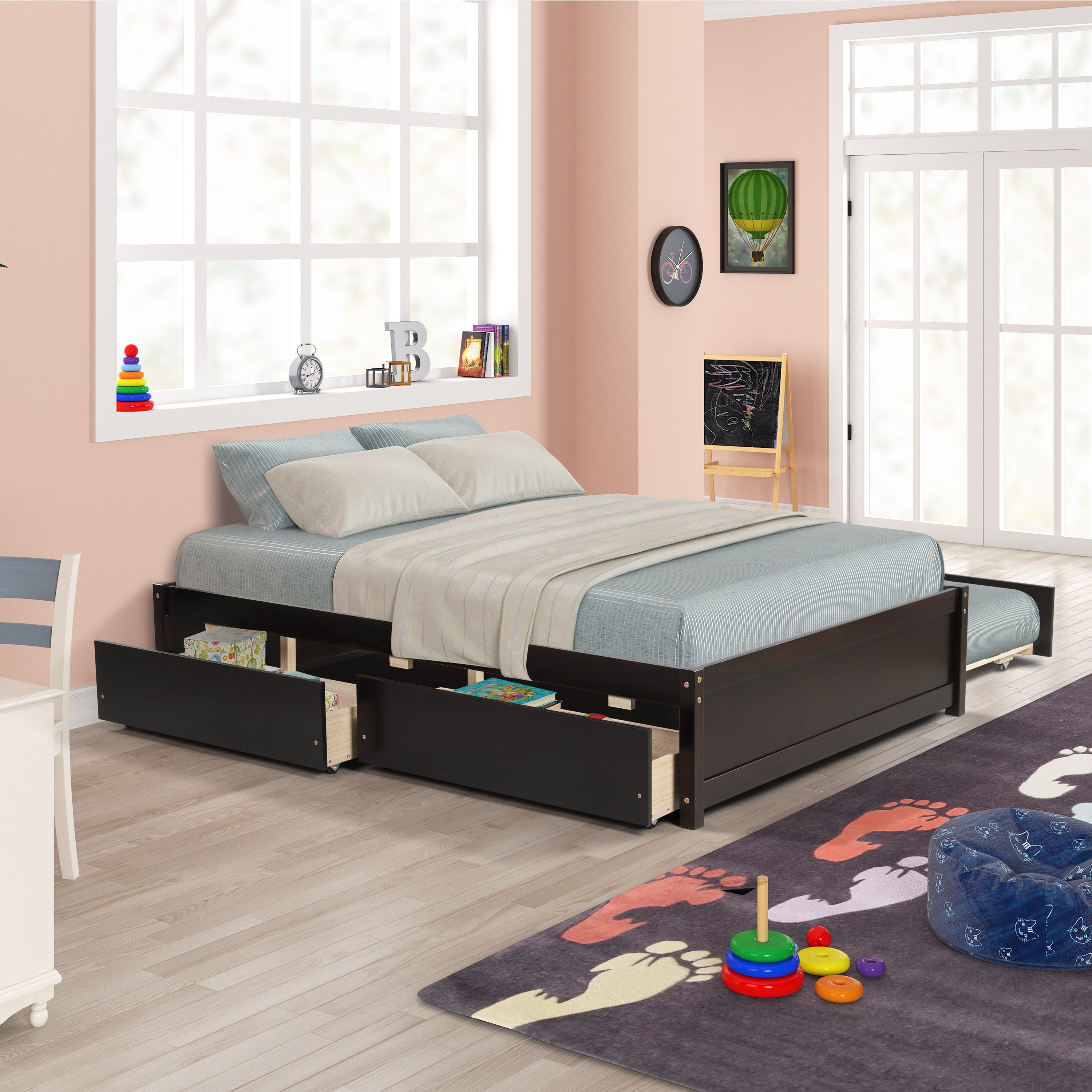 Ouyessir Full Size Platform Bed, Solid Wood Full Size Bed Frame with Twin Size Trundle Bed and 2 Storage Drawers,Storage Bed for Kids Teens Bedroom,No Spring Box Needed (Espresso)