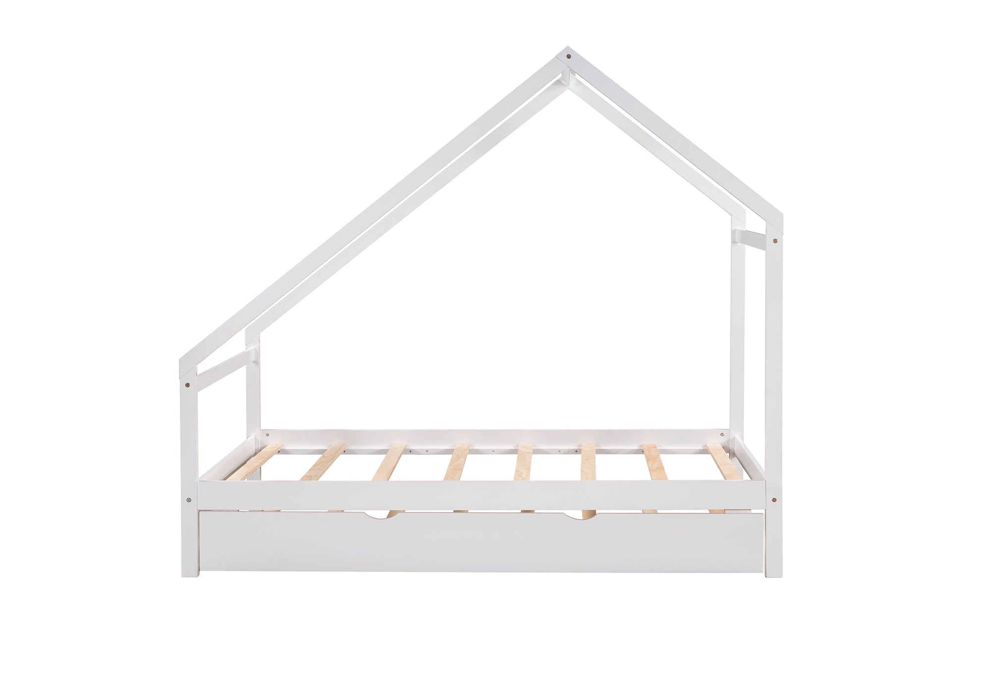 Twin House Bed with Twin Trundle, Wood Floor House Bed Frame for Kids, Boys and Girls, No Box Spring Required, White