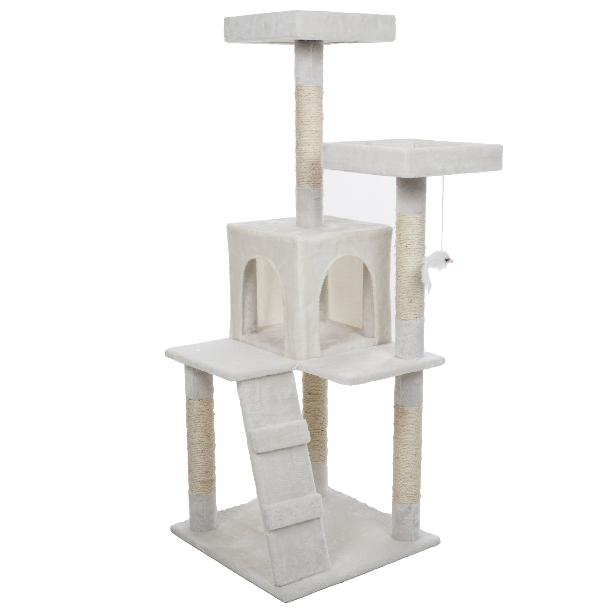 4-Tier Cat Tower - Tree with Napping Perches， Cat Condo， Ladder， 5 Sisal Rope Scratching Posts， and Hanging Toy for Indoor Cats by PETMAKER (White)