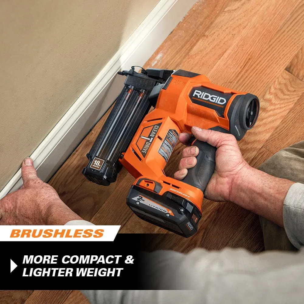 RIDGID 18V Brushless Cordless 18-Gauge 2-1/8 in. Brad Nailer with (2) 4.0 Ah Batteries, Charger, and Bag R09891B-AC93044SBN