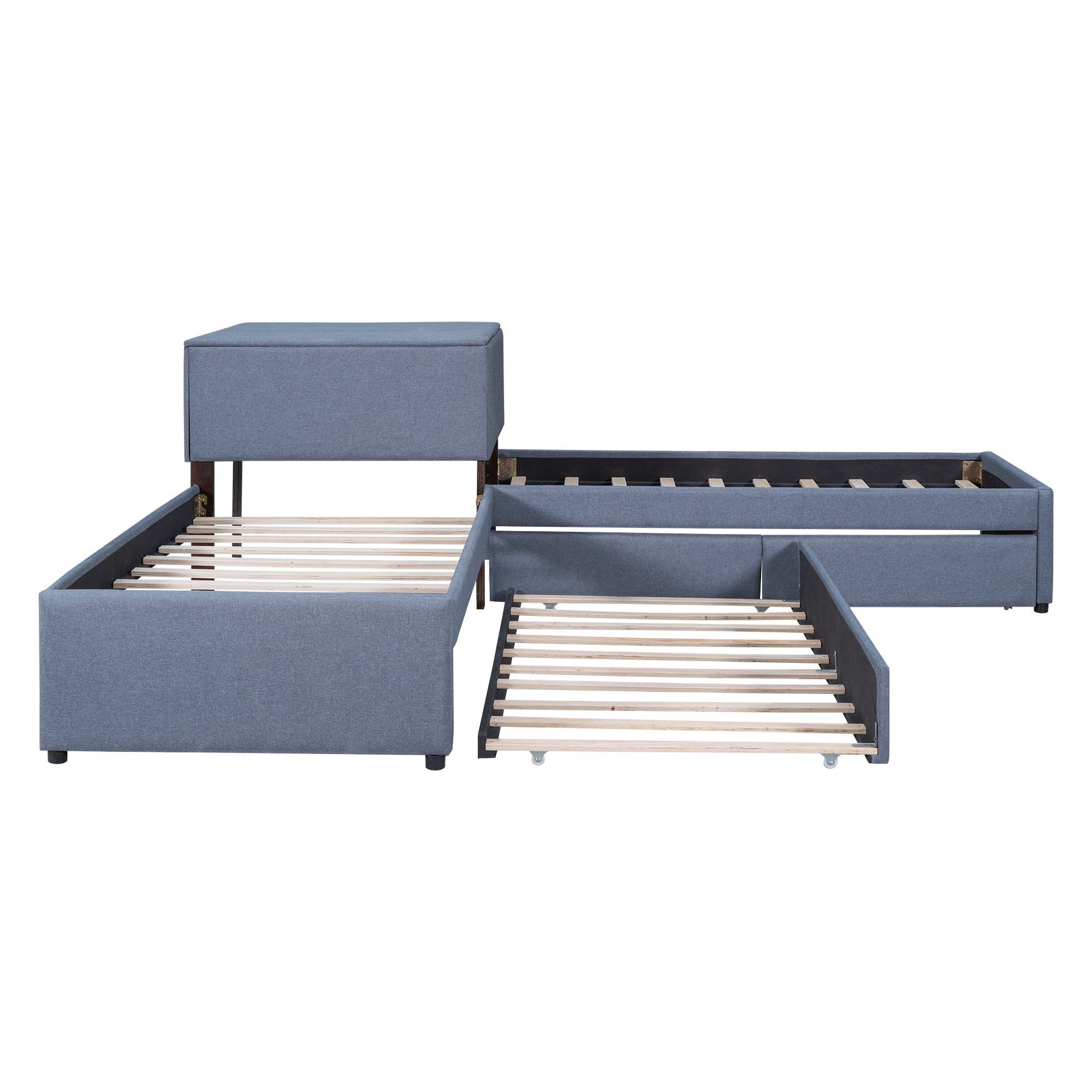 EUROCO Upholstery L-Shaped Twin Platform Bed with Storage Drawers and Trundle,Square Table for Kids Bedroom Gray