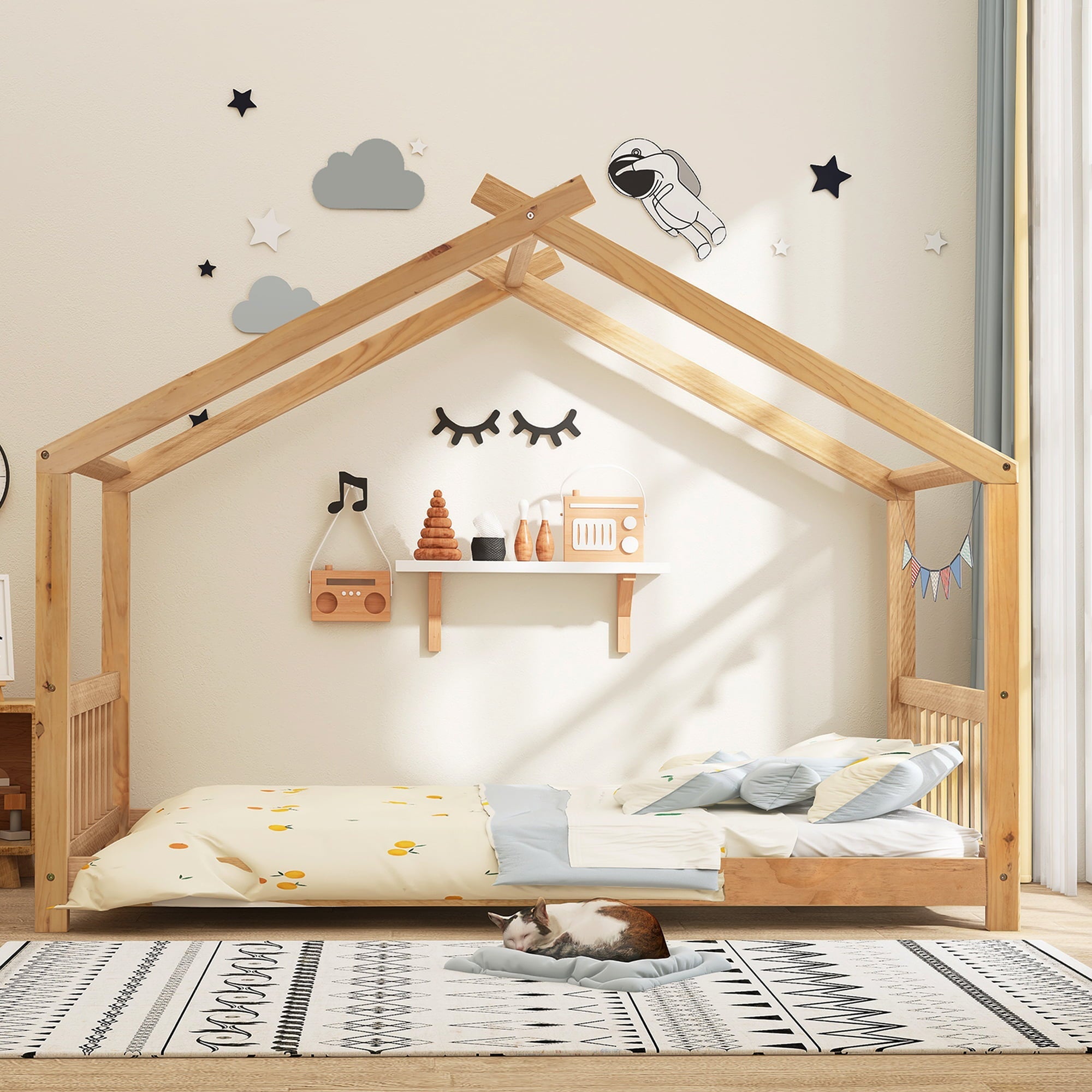 Euroco Wood House-Shaped Platform Bed for Kids, Wood Color