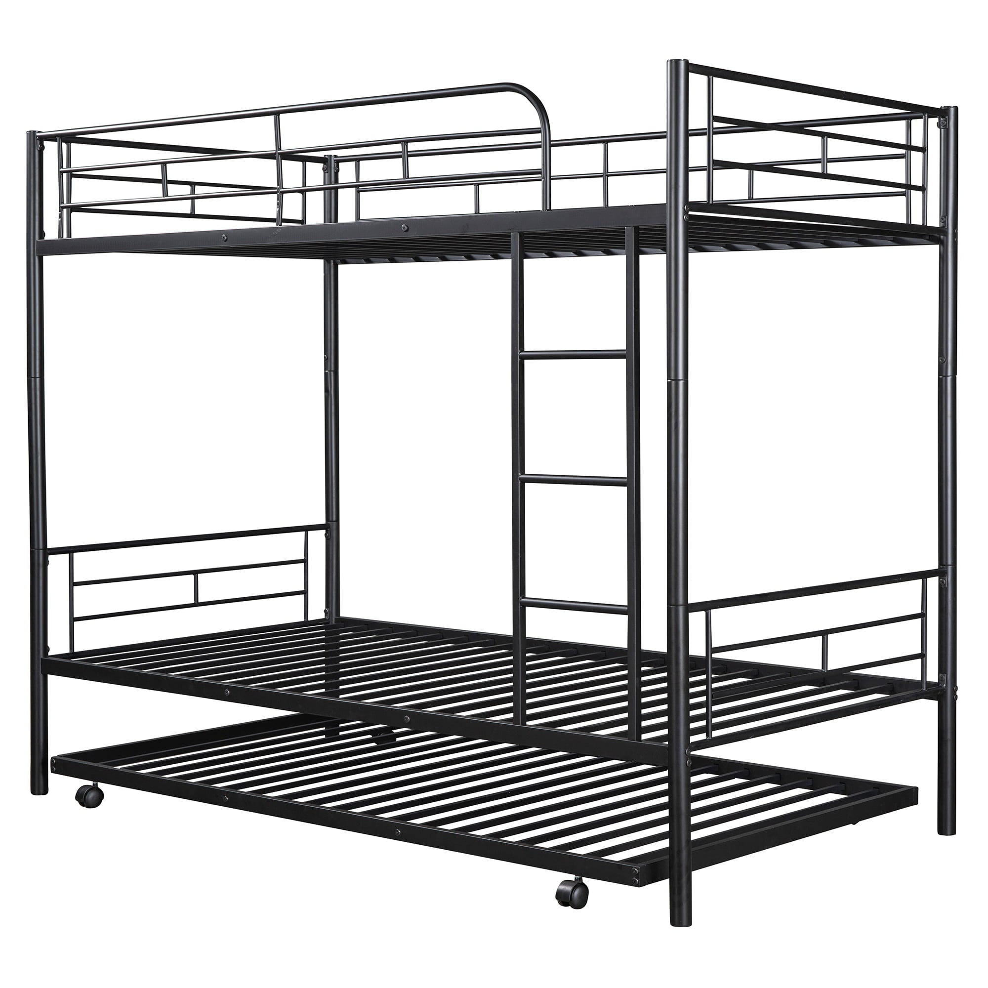 uhomepro Metal Twin Over Twin Bunk Beds with Trundle Bed, Twin Bunk Beds for Kids Adults Teens, Bunk Bed Can Be Divided Into 2 Twin Beds with Trundle, 2 Ladders, No Box Spring Need, Black